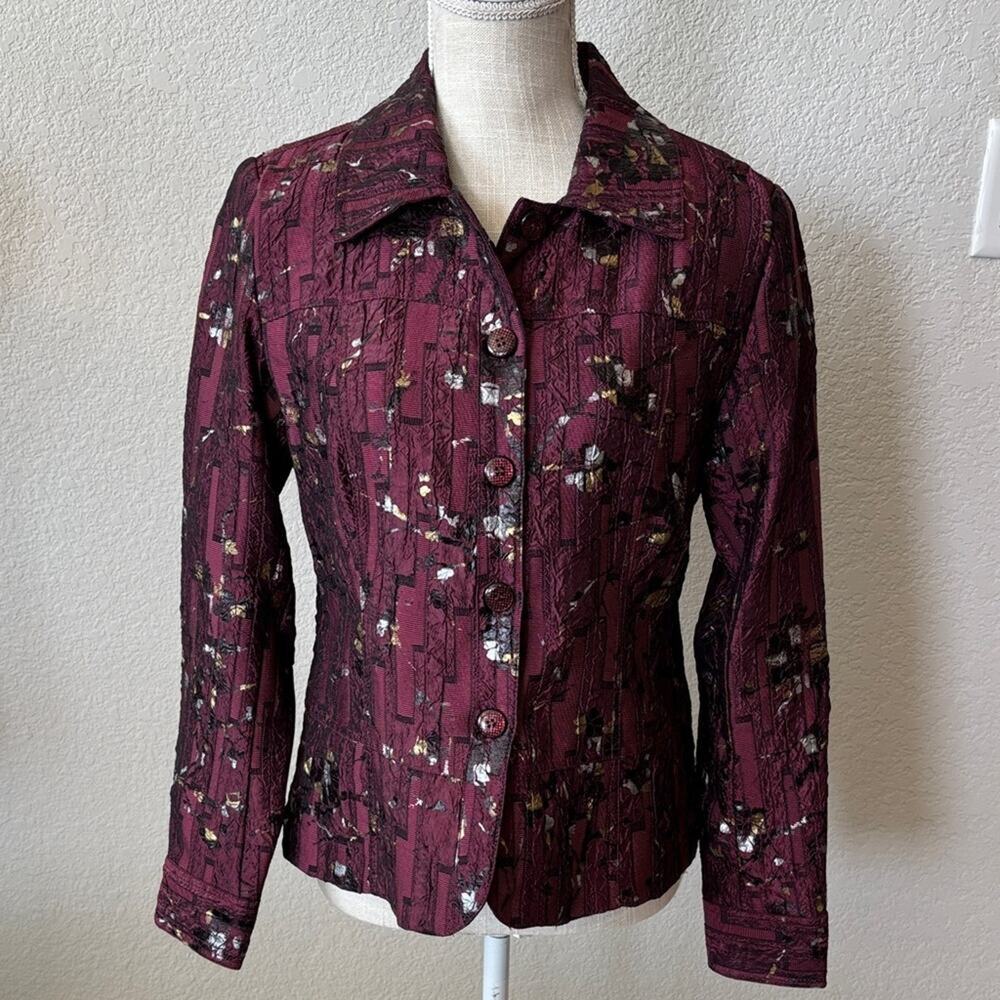 Erin Burgundy Maroon Patterned Button-Up Jacket Blazer SMALL Workwear Lagenloook
